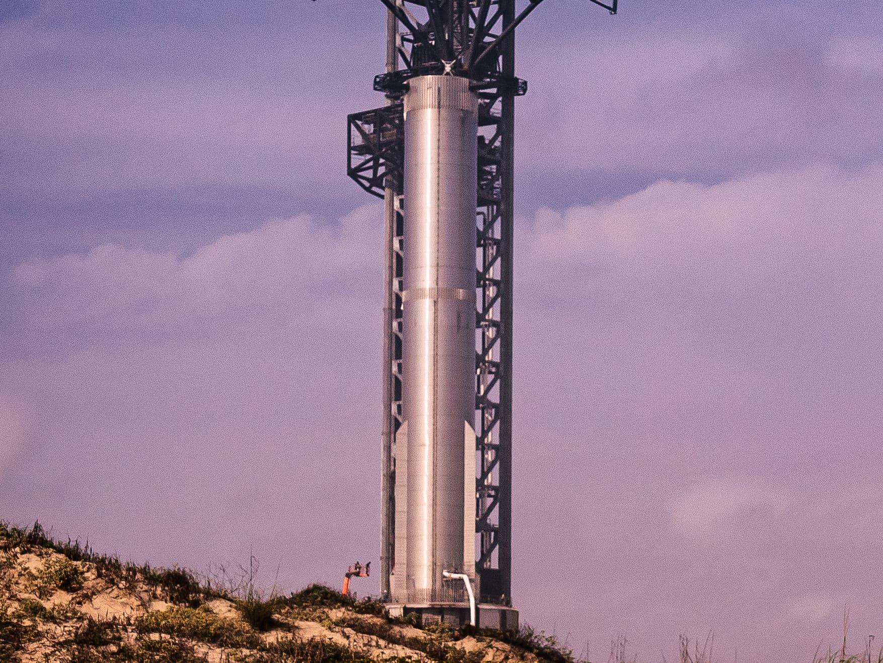 SpaceX Starship Super Heavy Booster 7 on the orbital launch pad at Starbase, February 2023